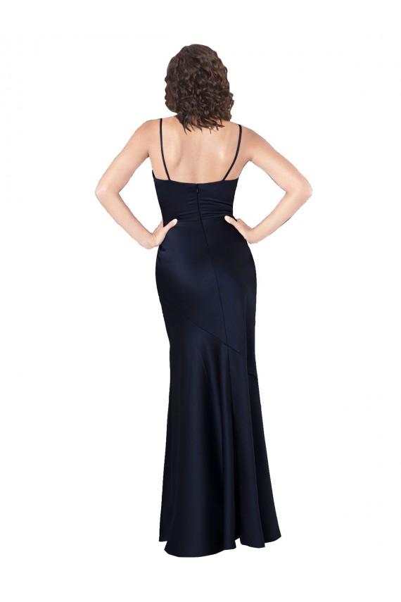 Silky Satin Cowl Neck A-Line Dark Navy Black Tie Prom Dress Canada Factory