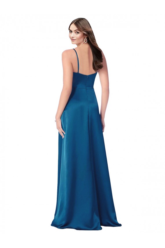 Silky Satin Cowl Neck Low Back A-Line Peacock Blue Prom Dress Canada Factory