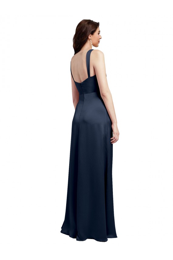 Stretch Satin Cowl Neck Low Back A-Line Dark Navy Prom Dress Canada Factory