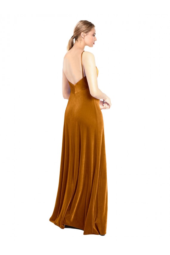 Stretch Velvet Cowl Neck A-Line Gold Prom Dress Canada Factory