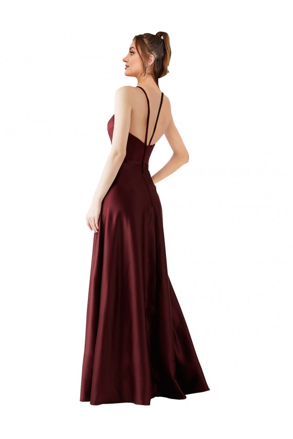 Satin Halter Neck A-Line Burgundy Gold Prom Dress Canada Factory