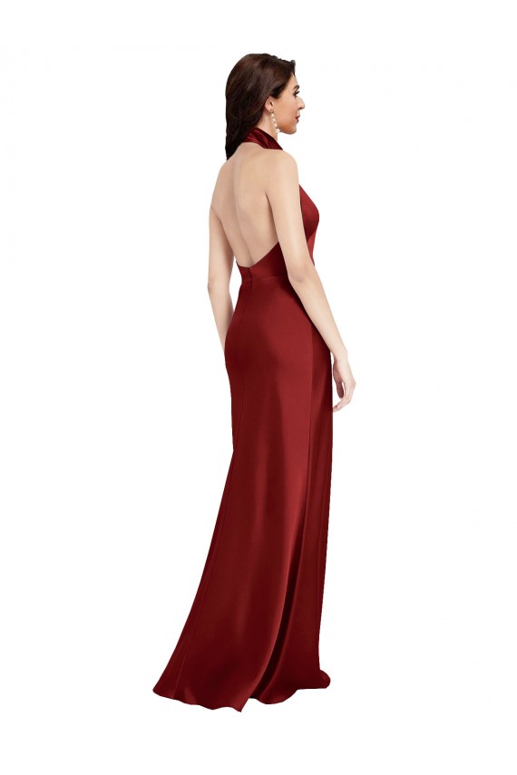 Stretch Satin Halter Neck Open Back A-Line Burgundy Black Tie Prom Dress Canada Factory