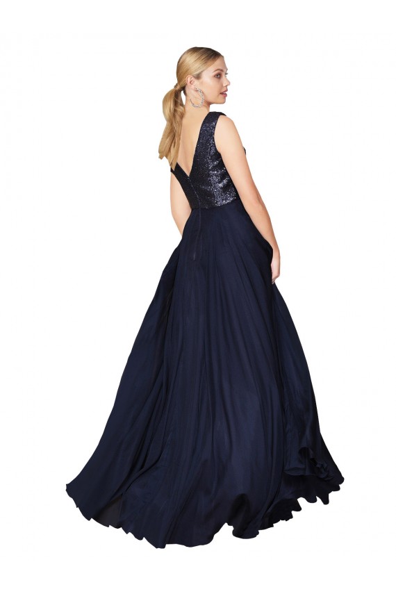 Soft Chiffon & Sequin High Neck V-Back A-Line Dark Navy Prom Dress Canada Factory