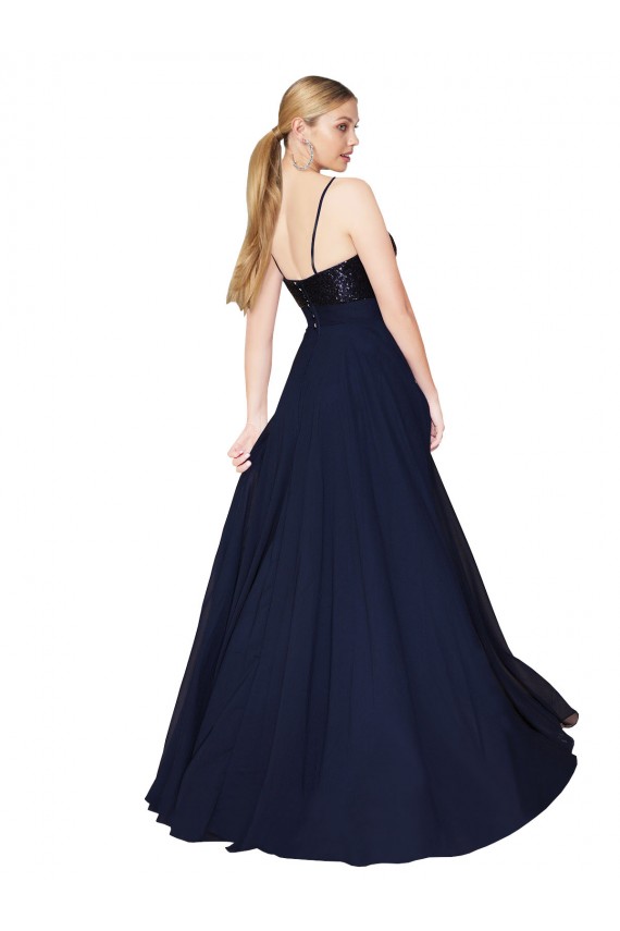 Soft Chiffon & Sequin High Neck A-Line Dark Navy Prom Dress Canada Factory