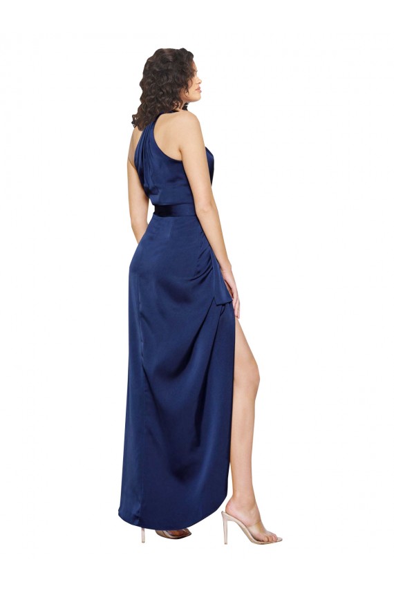 Silky Satin High Neck A-Line Sapphire High Low Prom Dress Canada Factory