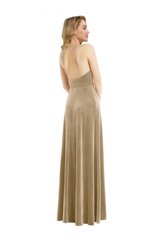 Stretch Velvet High Neck Open Back A-Line Champagne Prom Dress Canada Factory