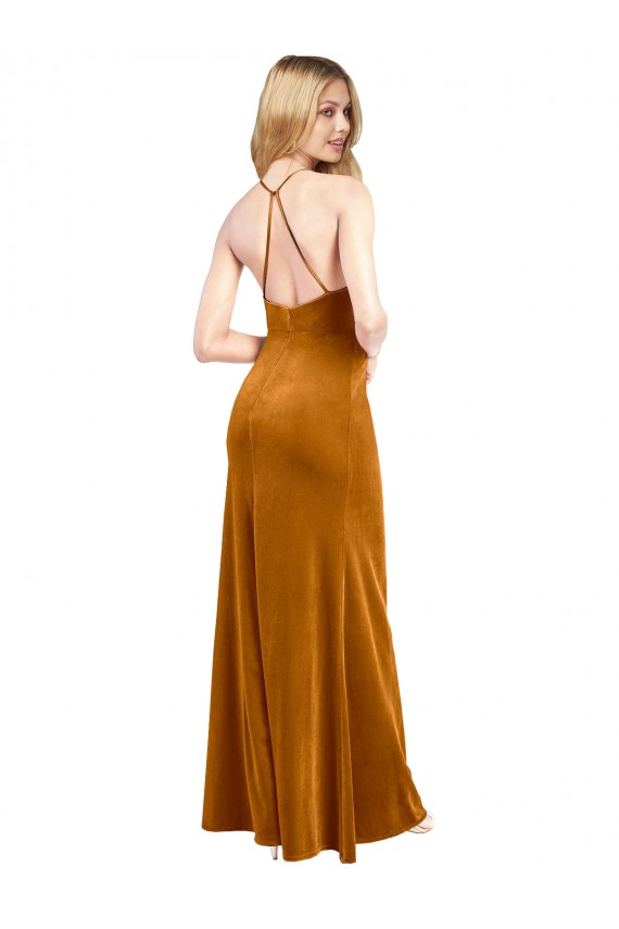 Stretch Velvet High Neck Open Back A-Line Gold Prom Dress Canada Factory
