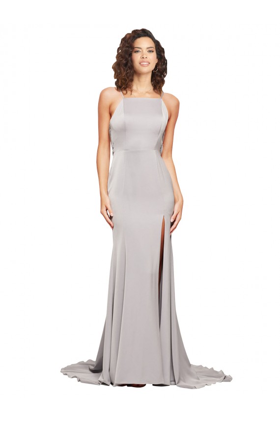 Stretch Satin High Neck Low Back A-Line Prom Dress Canada Factory