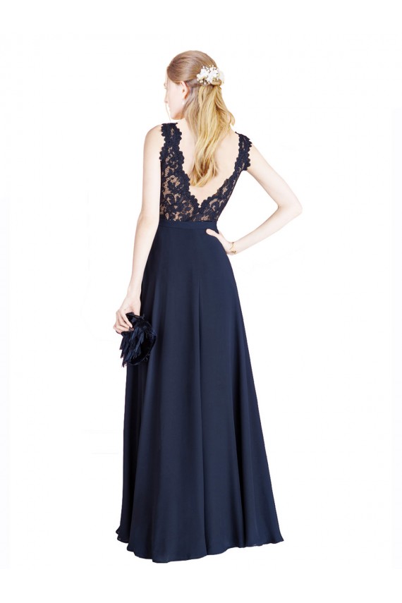 Soft Chiffon & Lace Illusion Neck V-Back A-Line Dark Navy Prom Dress Canada Factory