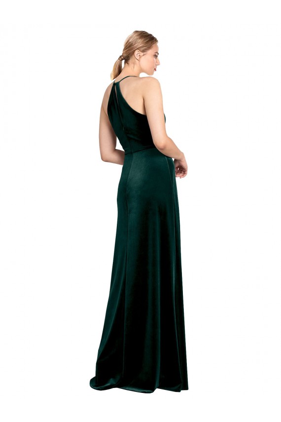 Stretch Velvet Jewel Neck Keyhole Back A-Line Dark Green Prom Dress Canada Factory