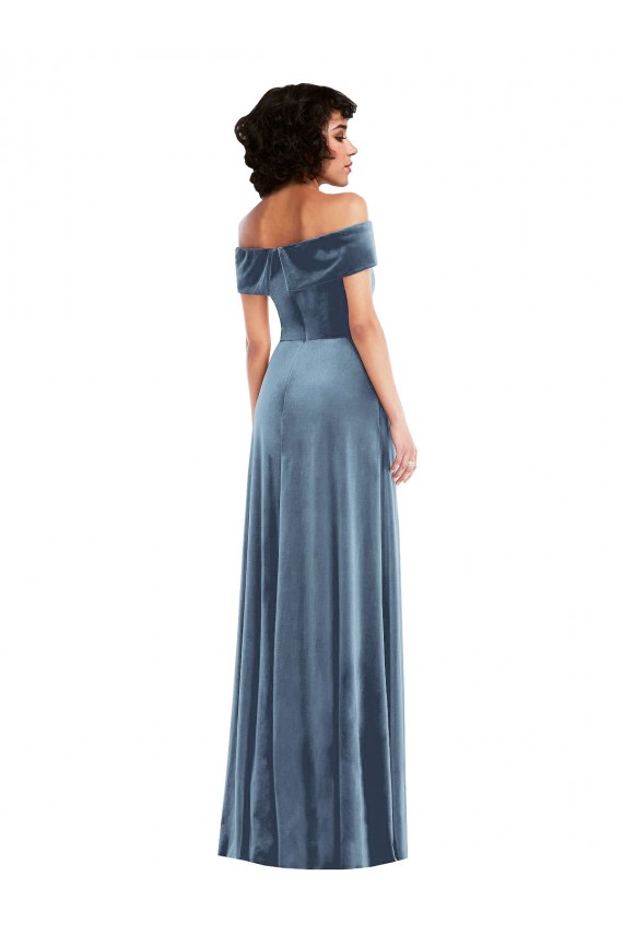 Stretch Velvet Off the Shoulder A-Line Dusty Blue Long Prom Dress Canada Factory