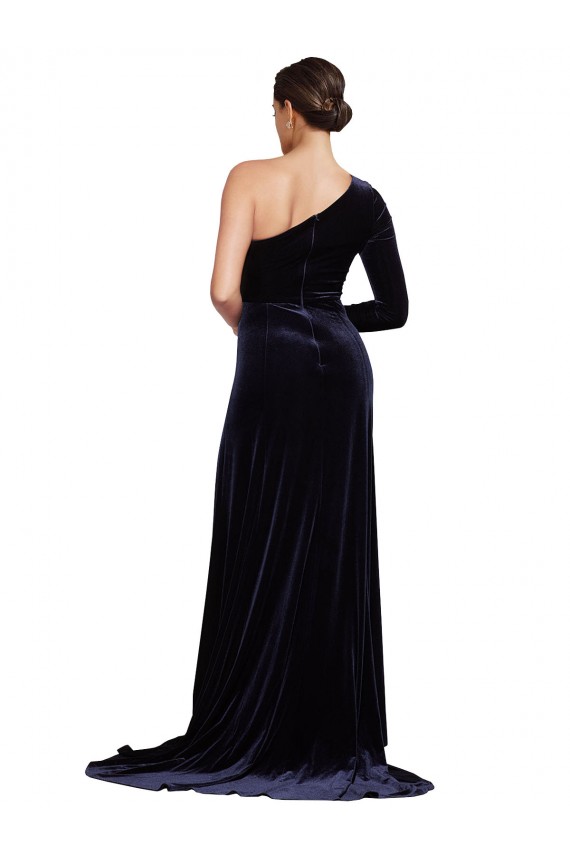 Stretch Velvet One Shoulder A-Line Dark Navy Prom Dress Canada Factory