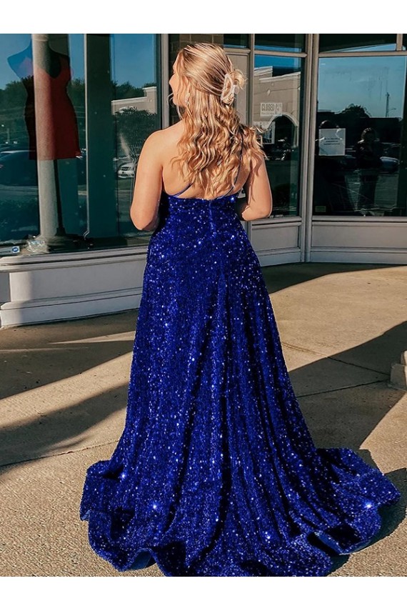 Velvet Sequin One Shoulder A-Line Royal Blue Prom Dress Canada Factory
