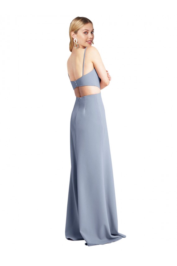 Stretch Crepe Scoop Neck Open Back A-Line Smoke Blue Prom Dress Canada Factory