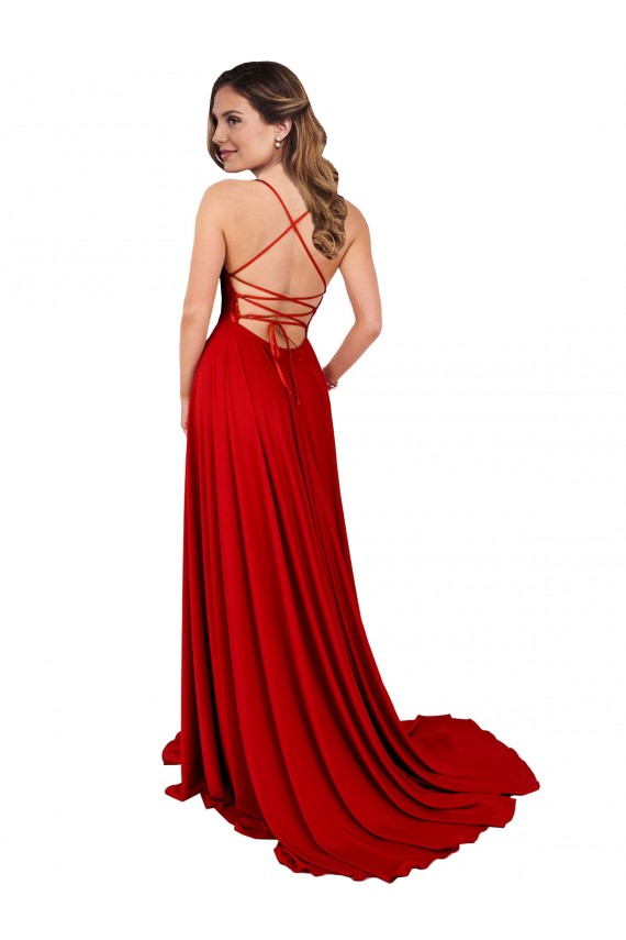 Spandex & Lace Square Neck Open Back A-Line Red Prom Dress Canada Factory