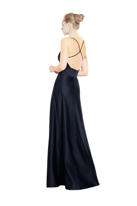 Satin V-Neck A-Line Dark Navy Prom Dress Canada Factory