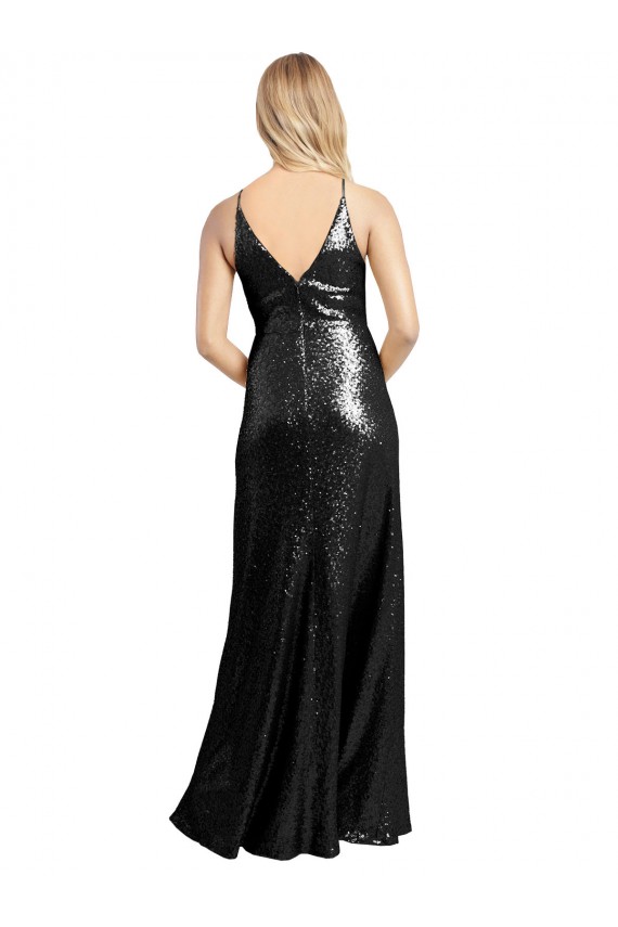 Sequin V-Neck V-Back A-Line Black Prom Dress Canada Factory