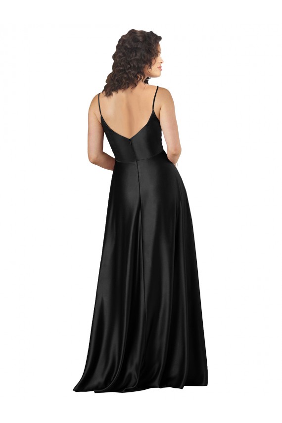 Silky Satin V-Neck Low Back A-Line Black Prom Dress Canada Factory