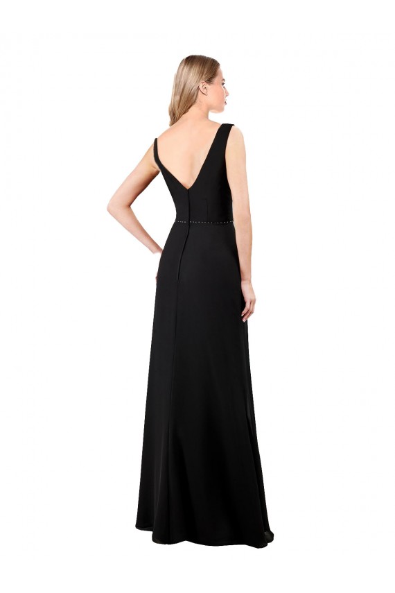 Soft Chiffon V-Neck V-Back A-Line Black Prom Dress Canada Factory