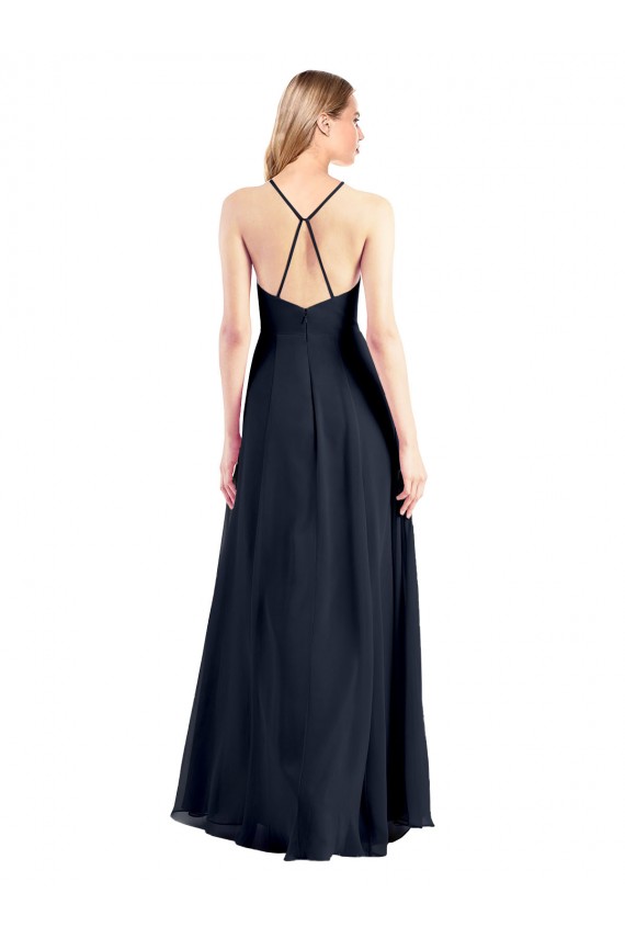 Soft Chiffon V-Neck Open Back A-Line Dark Navy Prom Dress Canada Factory