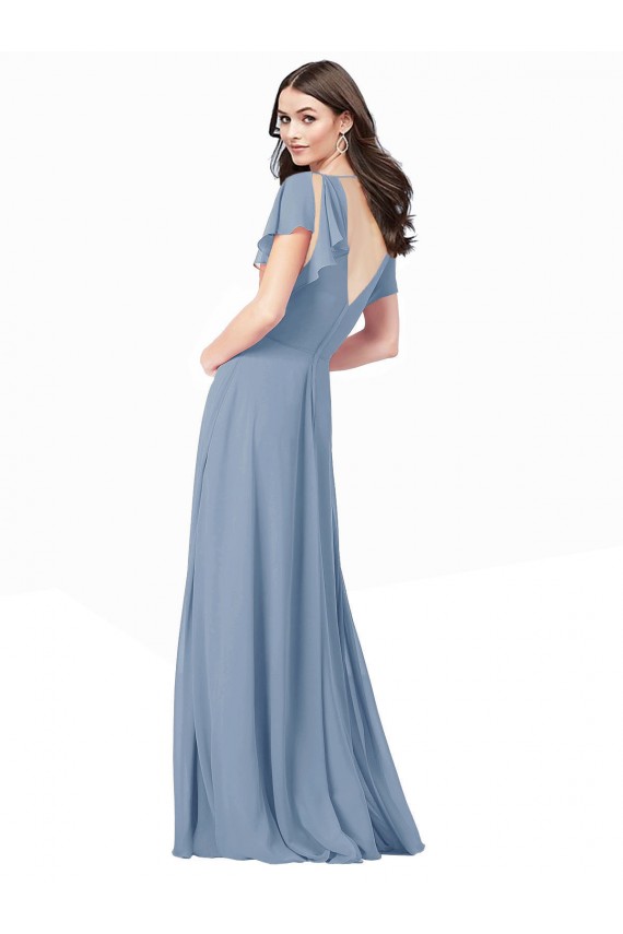Soft Chiffon V-Neck A-Line Dusty Blue Black Tie Prom Dress Canada Factory