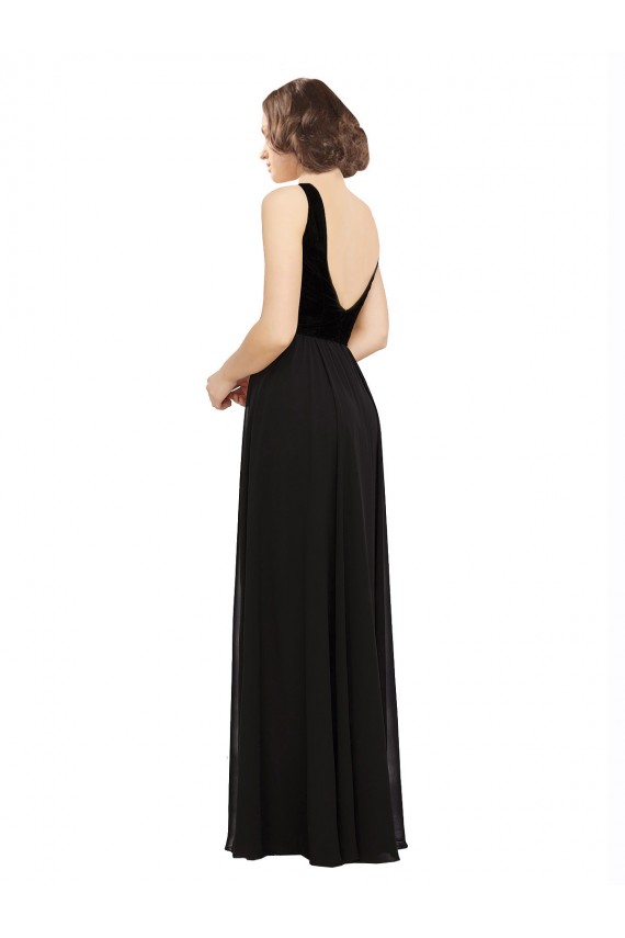 Soft Chiffon & Velvet V-Neck V-Back A-Line Black Prom Dress Canada Factory