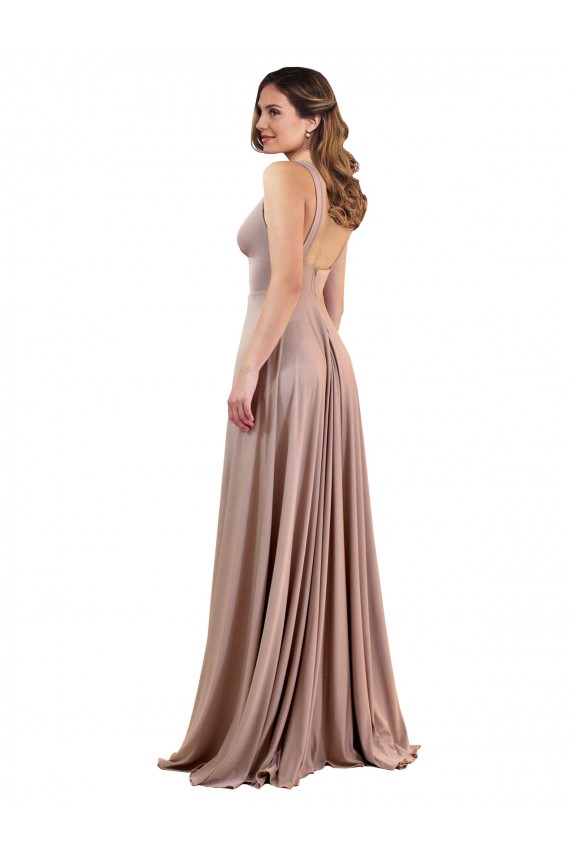Spandex V-Neck Low Back A-Line Dusty Pink Black Tie Prom Dress Canada Factory