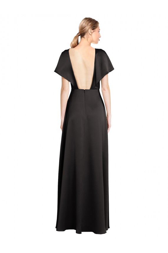 Stretch Satin V-Neck Open Back A-Line Black Prom Dress Canada Factory