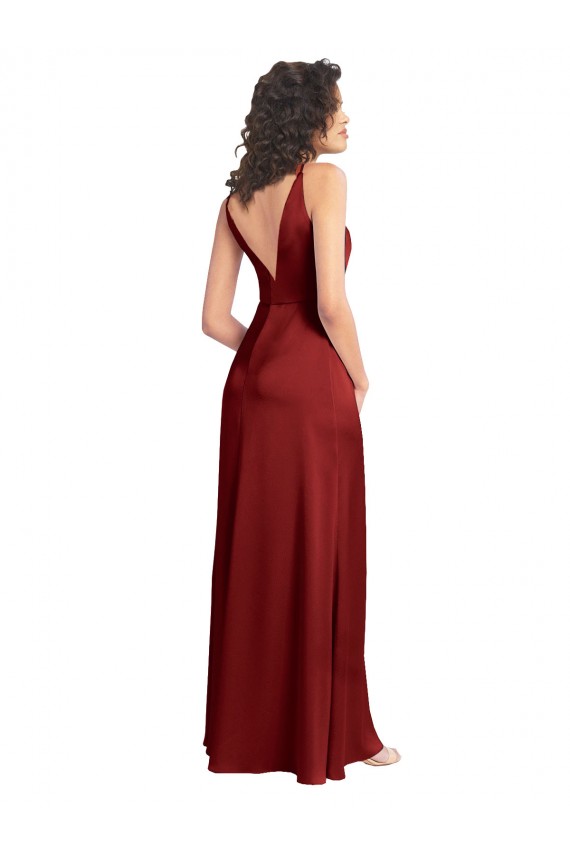 Stretch Satin V-Neck V-Back A-Line Burgundy Long Prom Dress Canada Factory
