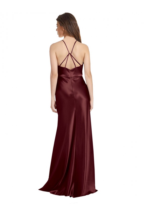 Stretch Satin V-Neck Sleeveless A-Line Burgundy Gold Long Prom Dress Canada Factory