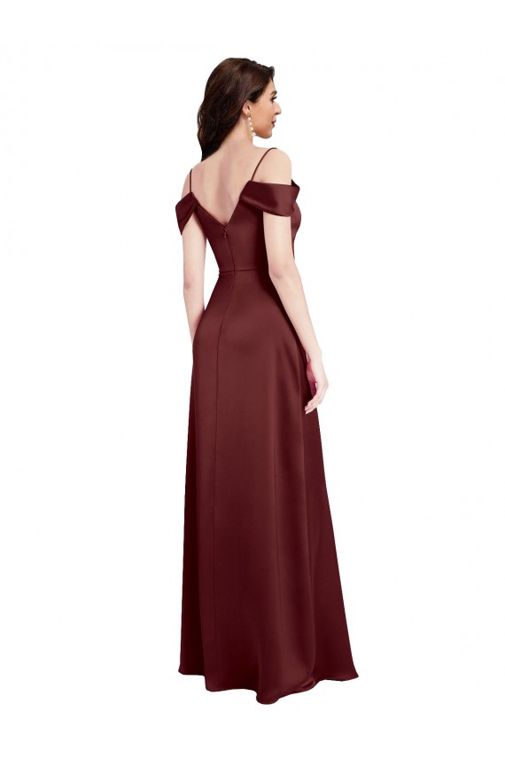 Stretch Satin V-Neck A-Line Burgundy Gold Long Prom Dress Canada Factory