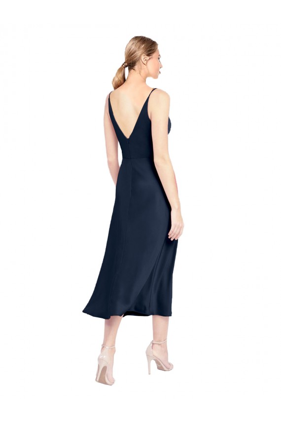 Stretch Satin V-Neck V-Back A-Line Dark Navy Prom Dress Canada Factory