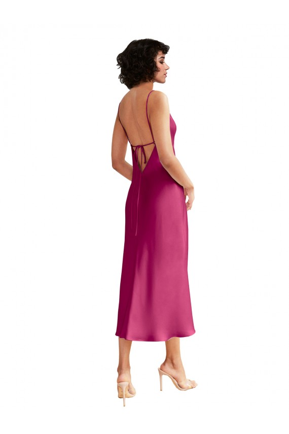 Stretch Satin V-Neck Low Back A-Line Fuchsia Midi Length Prom Dress Canada Factory