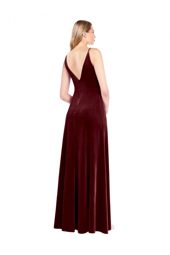 Stretch Velvet V-Neck V-Back A-Line Burgundy Black Tie Prom Dress Canada Factory