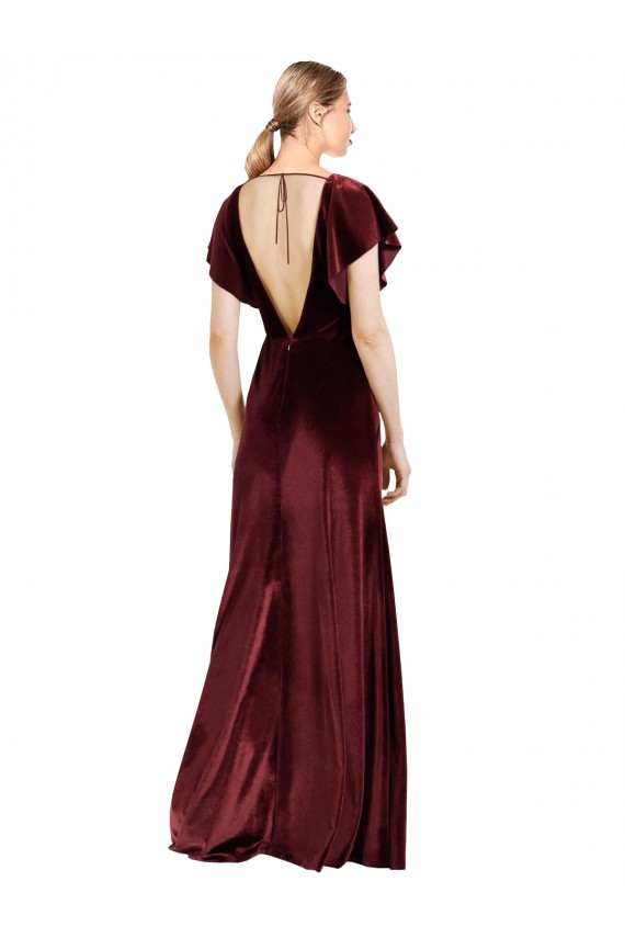 Stretch Velvet V-Neck Long A-Line Burgundy Prom Dress Canada Factory