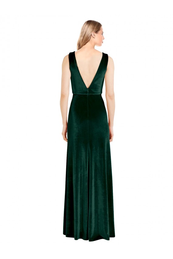Stretch Velvet V-Neck Sleeveless A-Line Dark Green Long Prom Dress Canada Factory