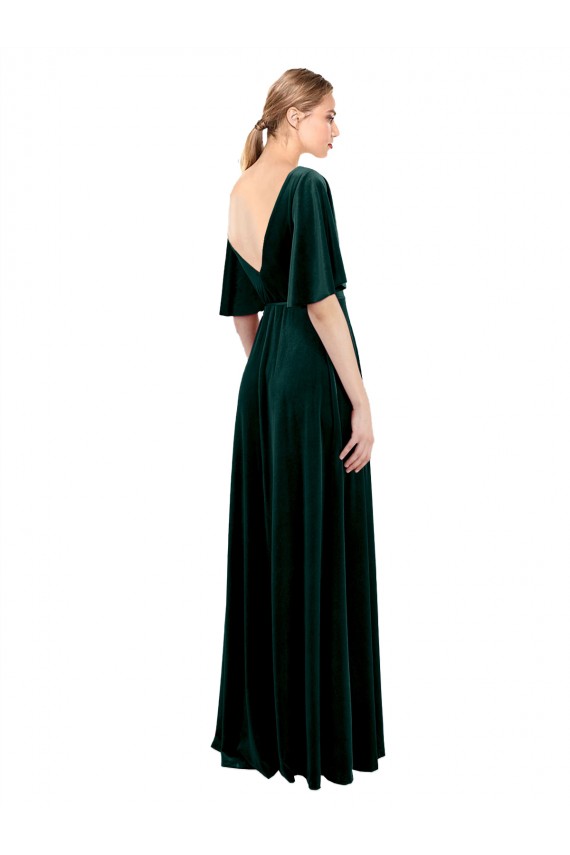 Stretch Velvet V-Neck V-Back A-Line Dark Green Long Prom Dress Canada Factory
