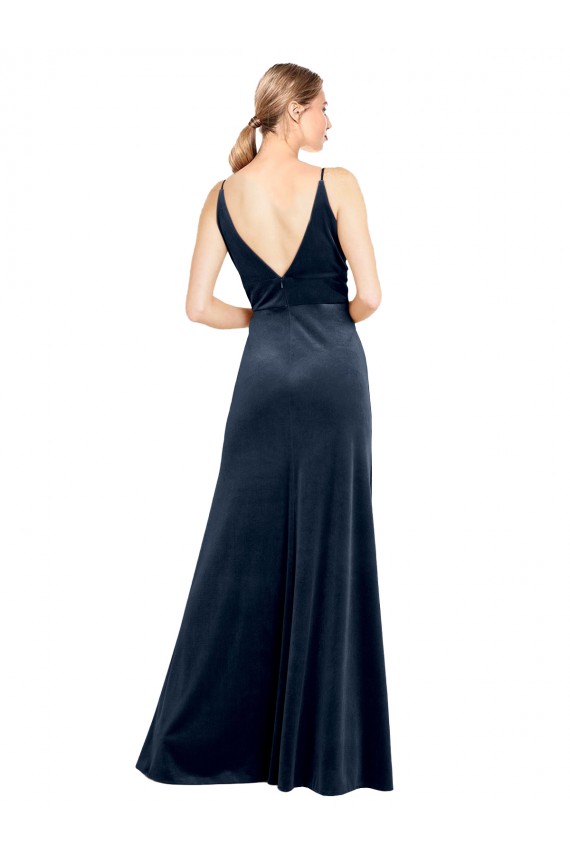 Stretch Velvet V-Neck V-Back A-Line Dark Navy Long Prom Dress Canada Factory