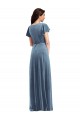Stretch Velvet V-Neck A-Line Dusty Blue Black Tie Prom Dress Canada Factory