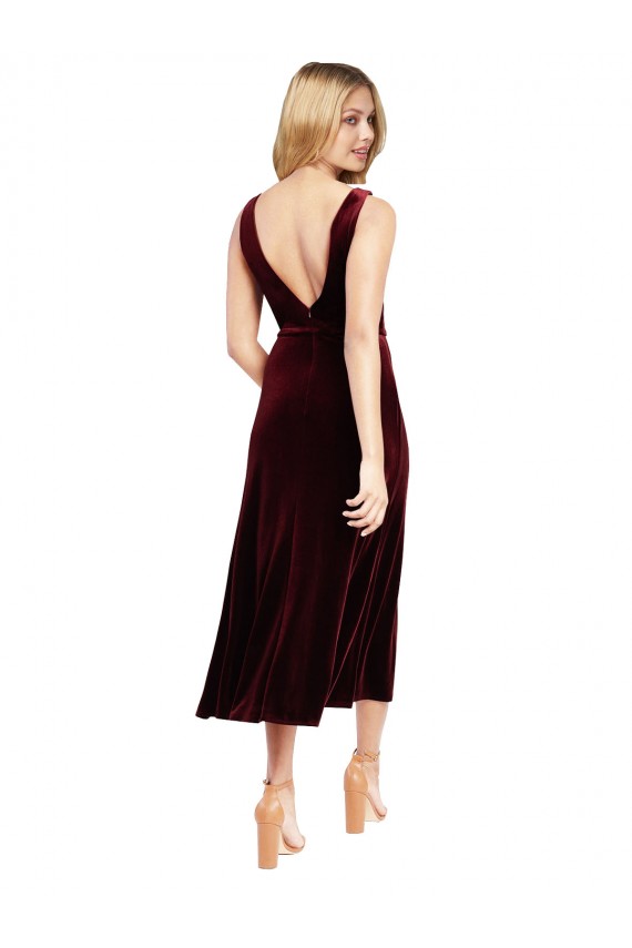 Stretch Velvet V-Neck V-Back A-Line Burgundy Midi Length Prom Dress Canada Factory