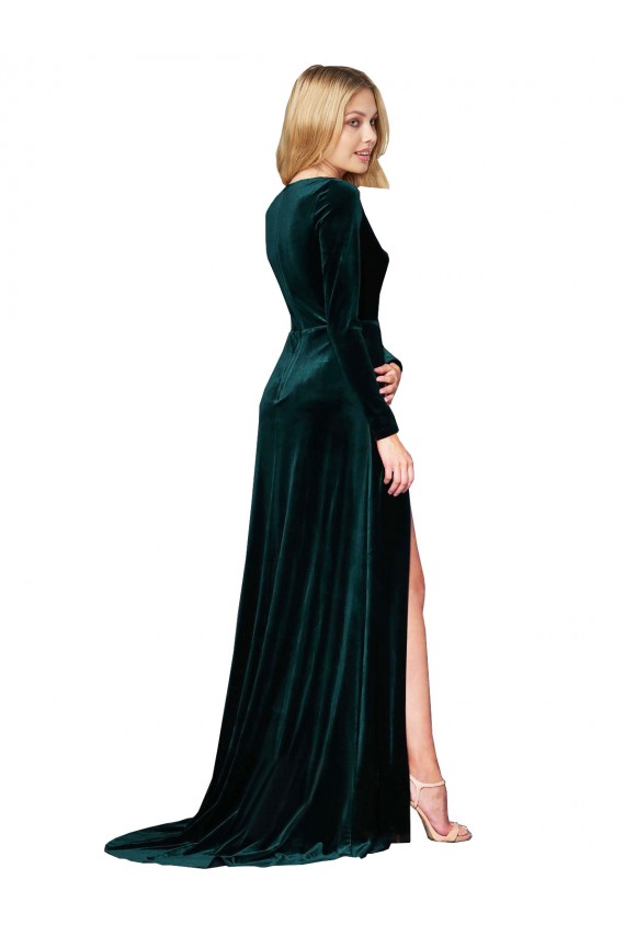 Stretch Velvet V-Neck A-Line Dark Green Black Tie Prom Dress Canada Factory