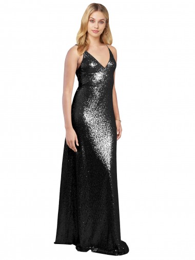 Sequin V-Neck V-Back A-Line Black Prom Dress Canada Factory