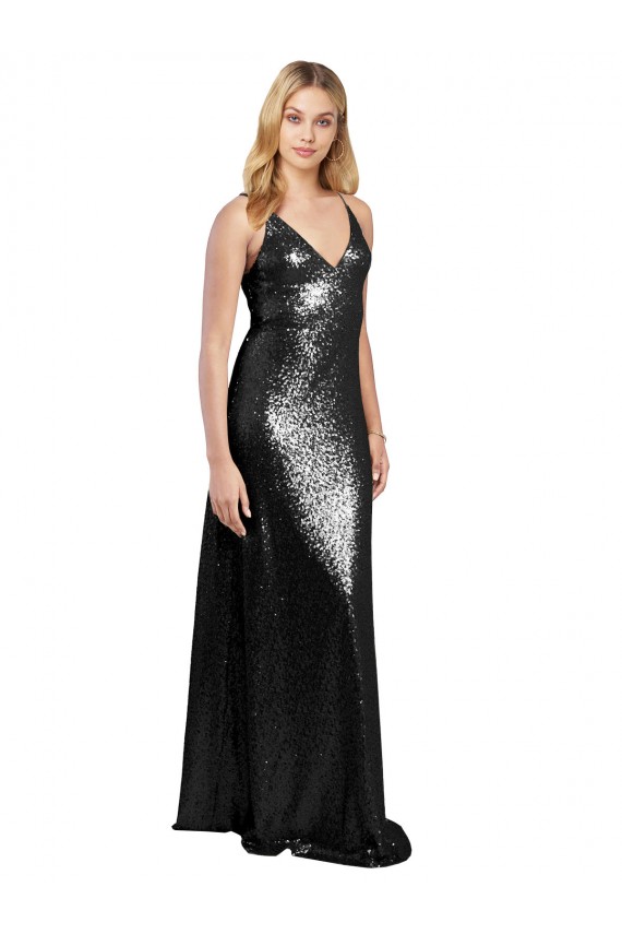 Sequin V-Neck V-Back A-Line Black Prom Dress Canada Factory