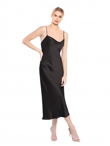 Stretch Satin Cowl Neck Low Back A-Line Black Prom Dress Canada Factory