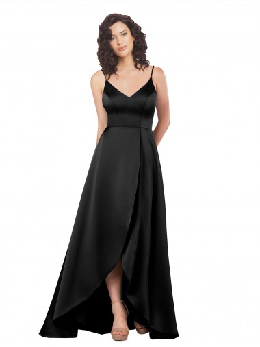 Silky Satin V-Neck V-Back A-Line Black High Low Prom Dress Canada Factory