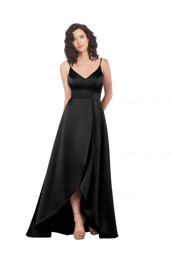 Silky Satin V-Neck V-Back A-Line Black High Low Prom Dress Canada Factory