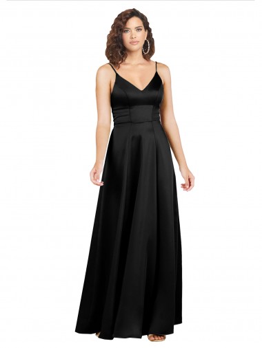 Silk like Satin V-Neck V-Back A-Line Black Long Prom Dress Canada Factory