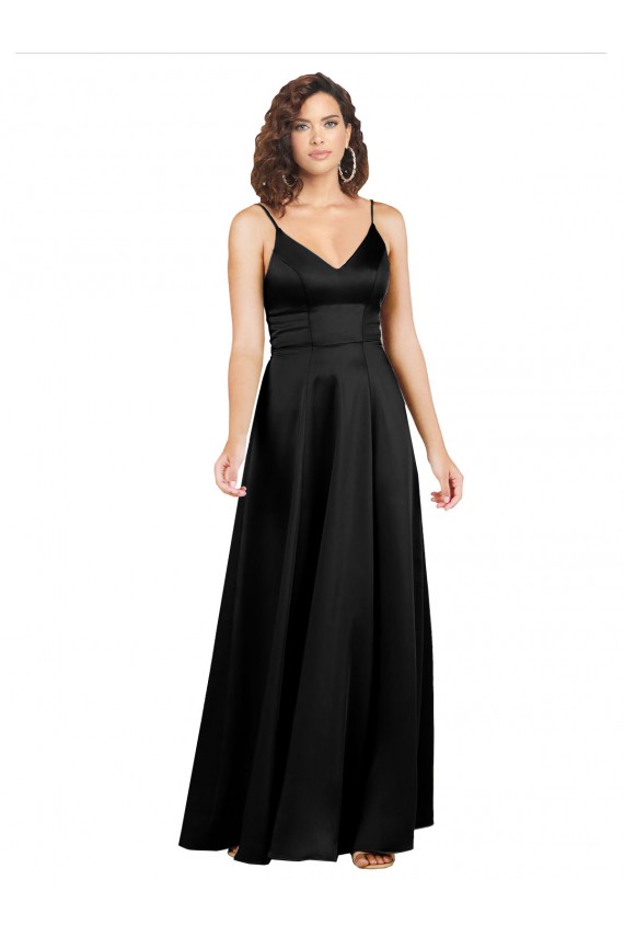Silk like Satin V-Neck V-Back A-Line Black Long Prom Dress Canada Factory