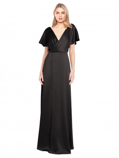 Stretch Satin V-Neck Open Back A-Line Black Prom Dress Canada Factory