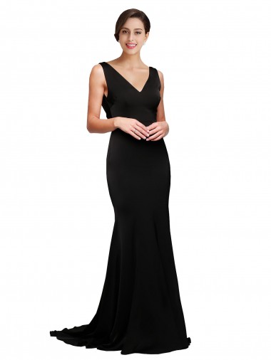 Silk like Satin V-Neck Low Back A-Line Black Sweep Train Prom Dress Canada Factory